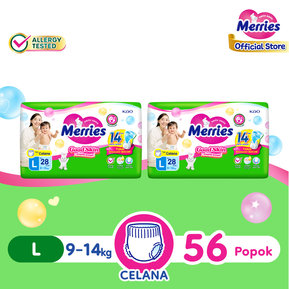 Merries Good Skin Pants Popok Perlengkapan Bayi L(9 - 14)kg Kurangi Risiko Alergi Pada Kulit Bayi Isi 28 Buah Twin Pack