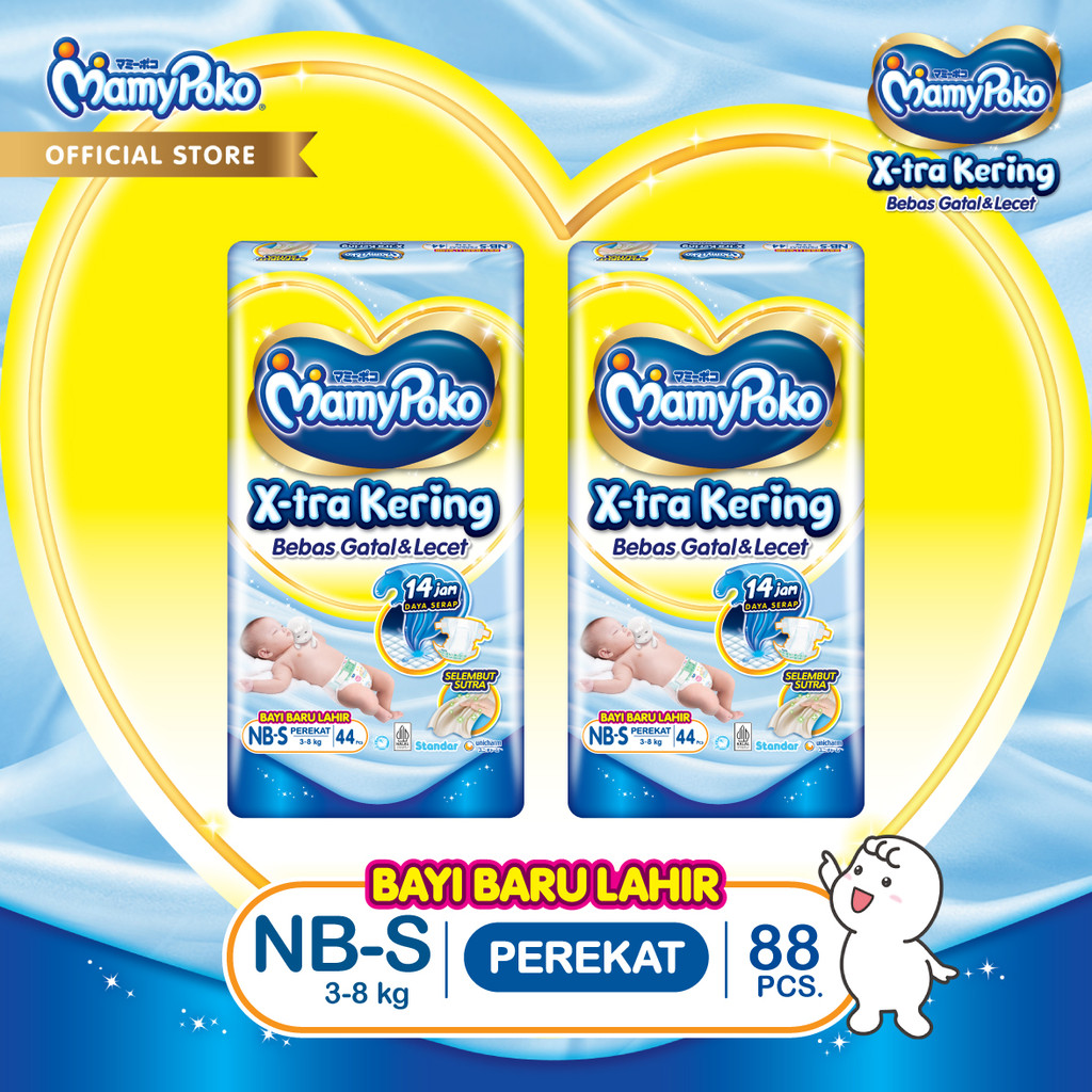 MamyPoko X-tra Kering - NB-S 44 - Popok Perekat Newborn Bayi Baru Lahir- 2 Packs