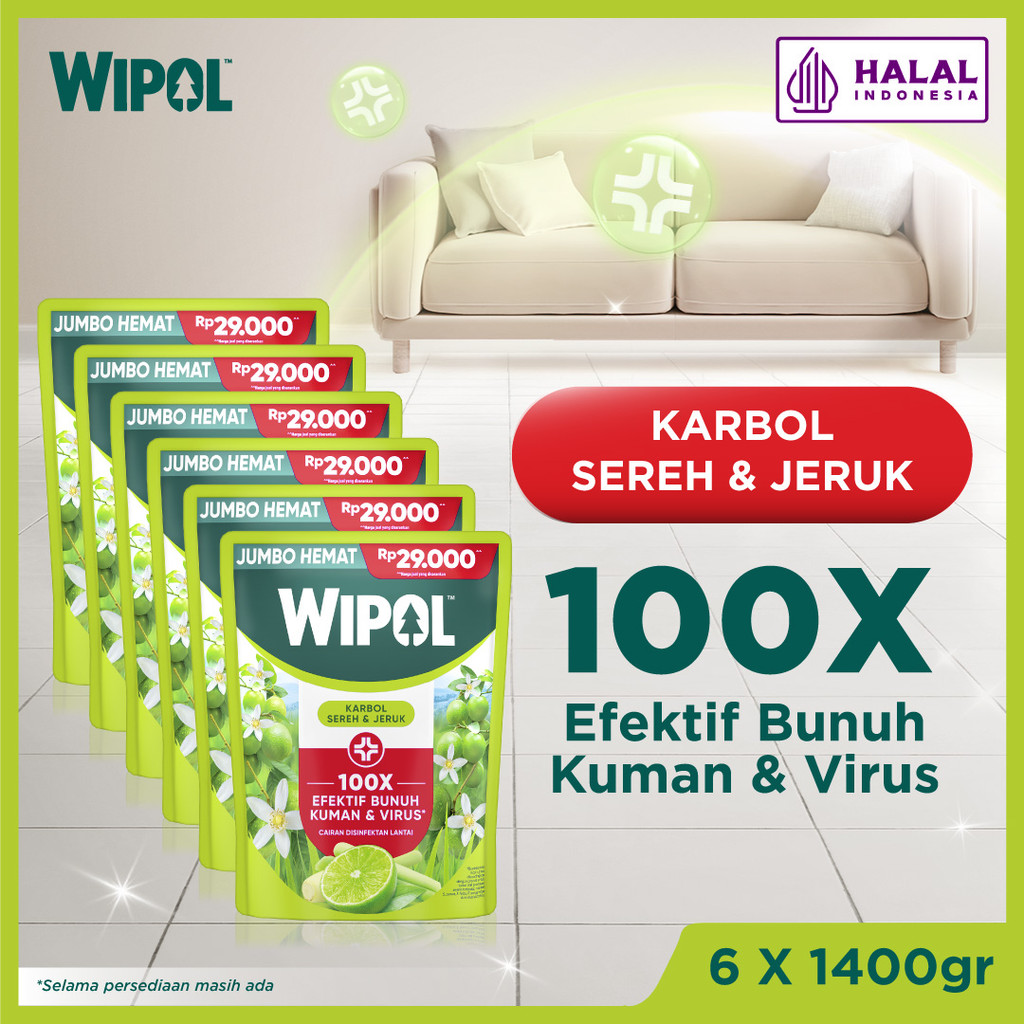 Wipol Karbol Pembersih Lantai Cairan Disinfektan Teruji Dermatologis Karbol Sereh & Jeruk 1400g X6