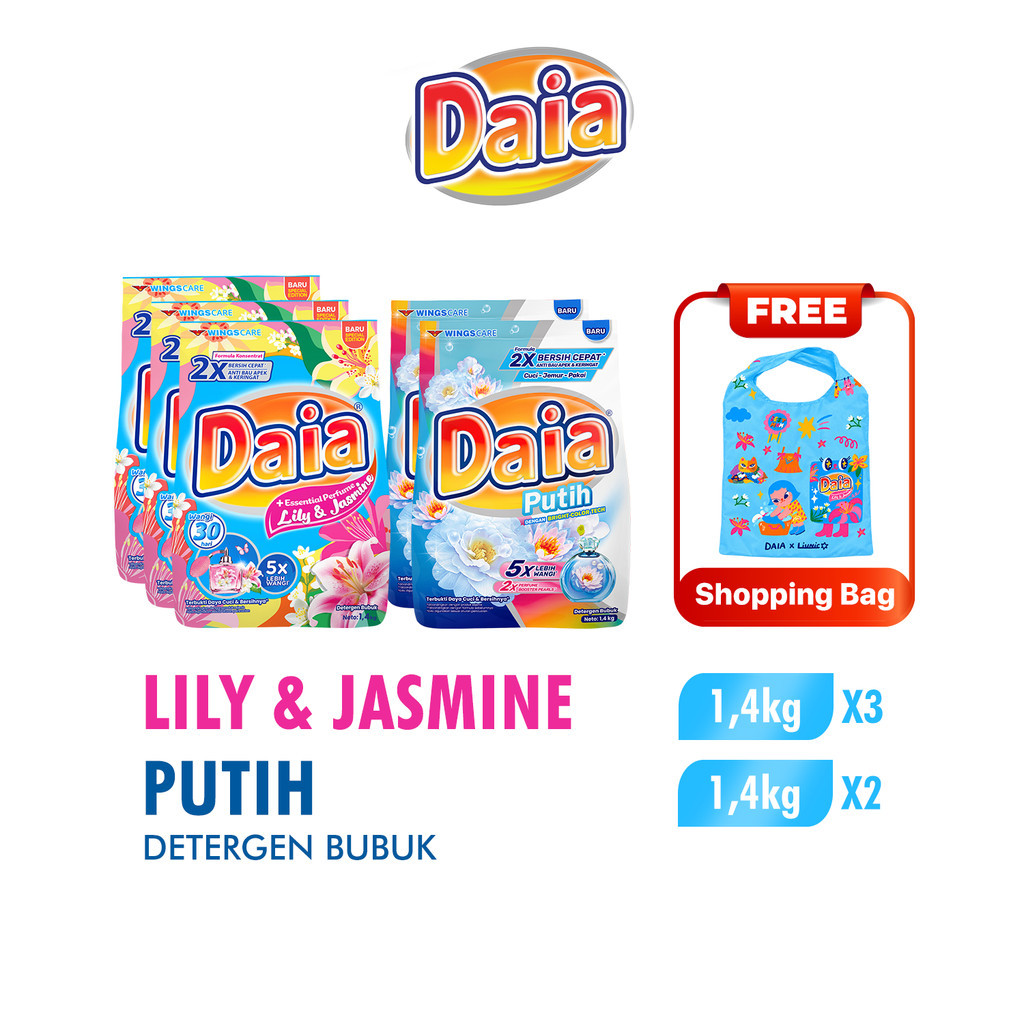 Daia Powder Detergent Lily & Jasmine 1.4 kg x3 + Daia Detergen Bubuk Putih 1,4 kg x2 Free Liunic Shopping Bag - Gambar 4