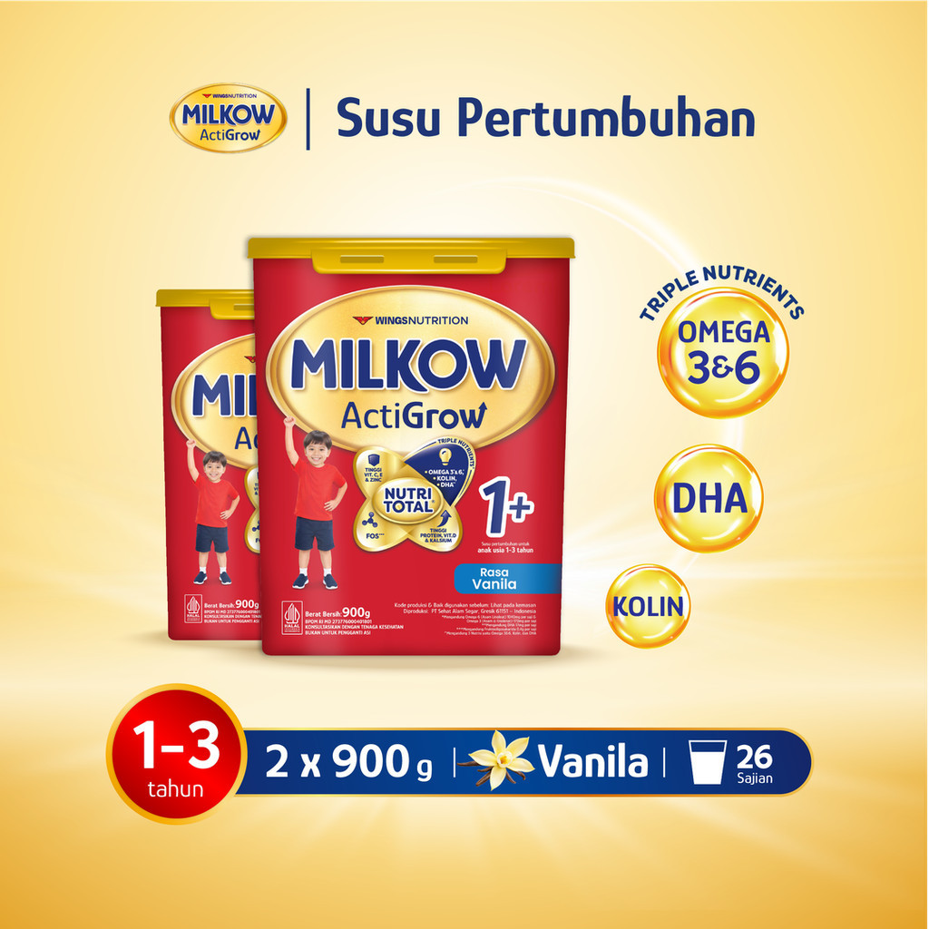Milkow 1+ Susu Formula Pertumbuhan Anak Untuk Usia 1-3 Tahun Toples Rasa Vanilla 900 Gr x2