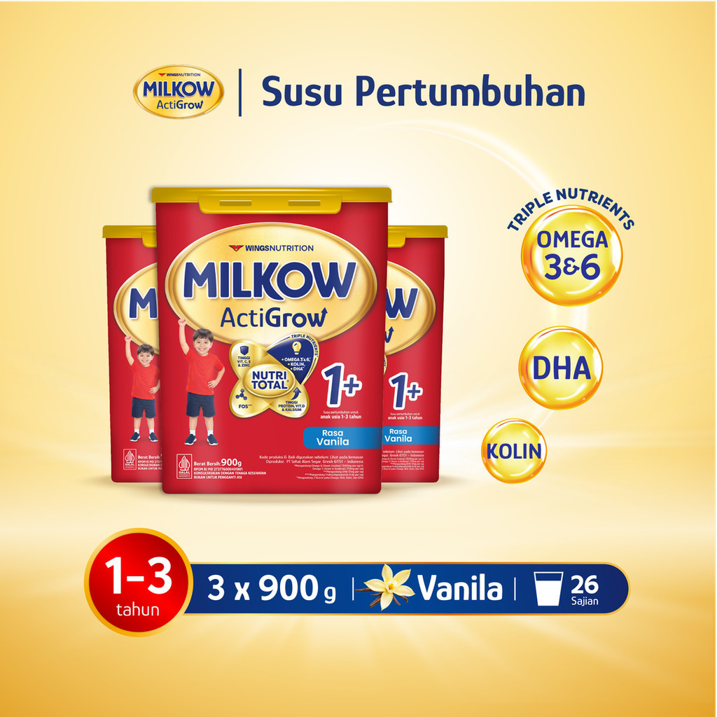 Milkow 1+ Susu Formula Pertumbuhan Anak Untuk Usia 1-3 Tahun Toples Rasa Vanilla 900 Gr x3