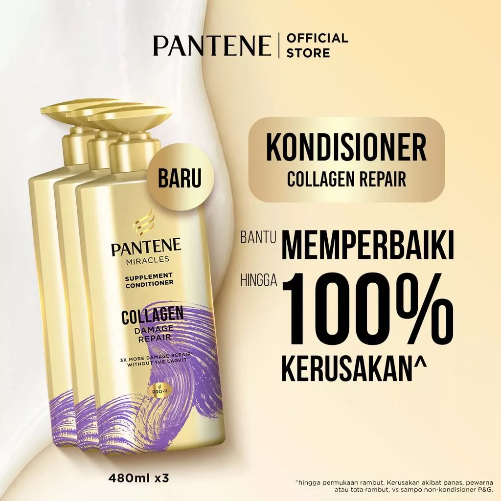 [BUNDLE] PANTENE Miracles Kondisioner Collagen Repair 480ml x3 / Conditioner Memperbaiki Rambut Rusak, cocok untuk rambut coloring & bleaching