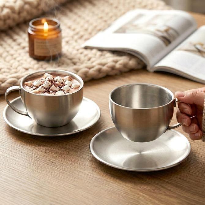 Terbaik Set Cangkir Piring Kopi Milan Stainless Steel Cup Set Coffee Paling keren - Gambar 2