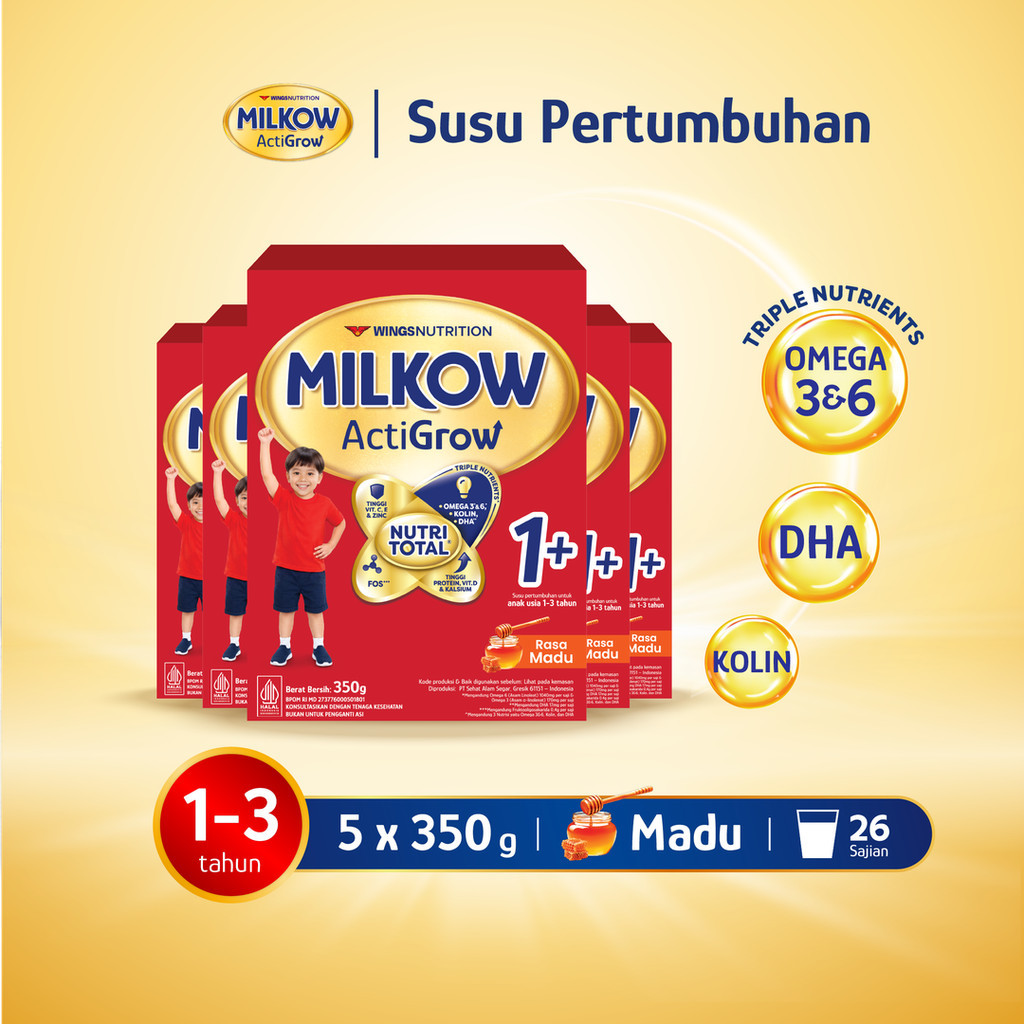 Milkow 1+ Susu Formula Pertumbuhan Anak Untuk Usia 1-3 Tahun Rasa Madu 350 Gr x5