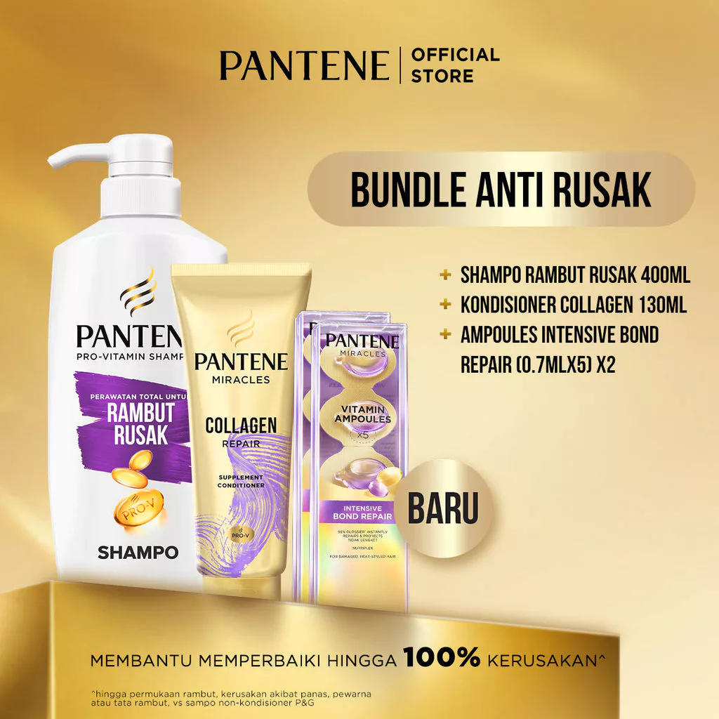 [BUNDLE AMPOULES] PANTENE Shampo Rambut Rusak 400ml + Kondisioner Collagen 130ml + Ampoules Intensive Bond Repair (0.7mlx5)x2 / Melindungi & membantu memperbaiki rambut dari kerusakan.