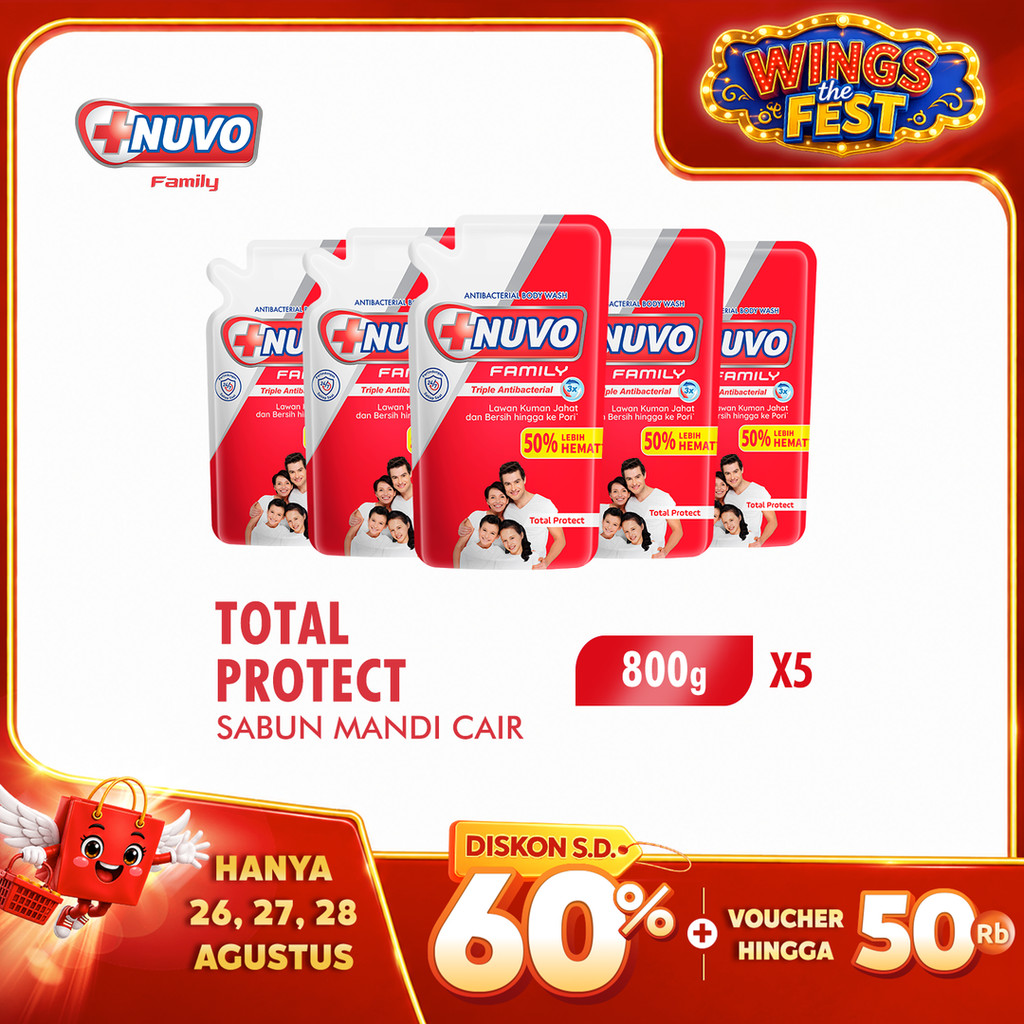 Nuvo Family Sabun Mandi Cair Merah Total Protect Pouch 800 gr x5