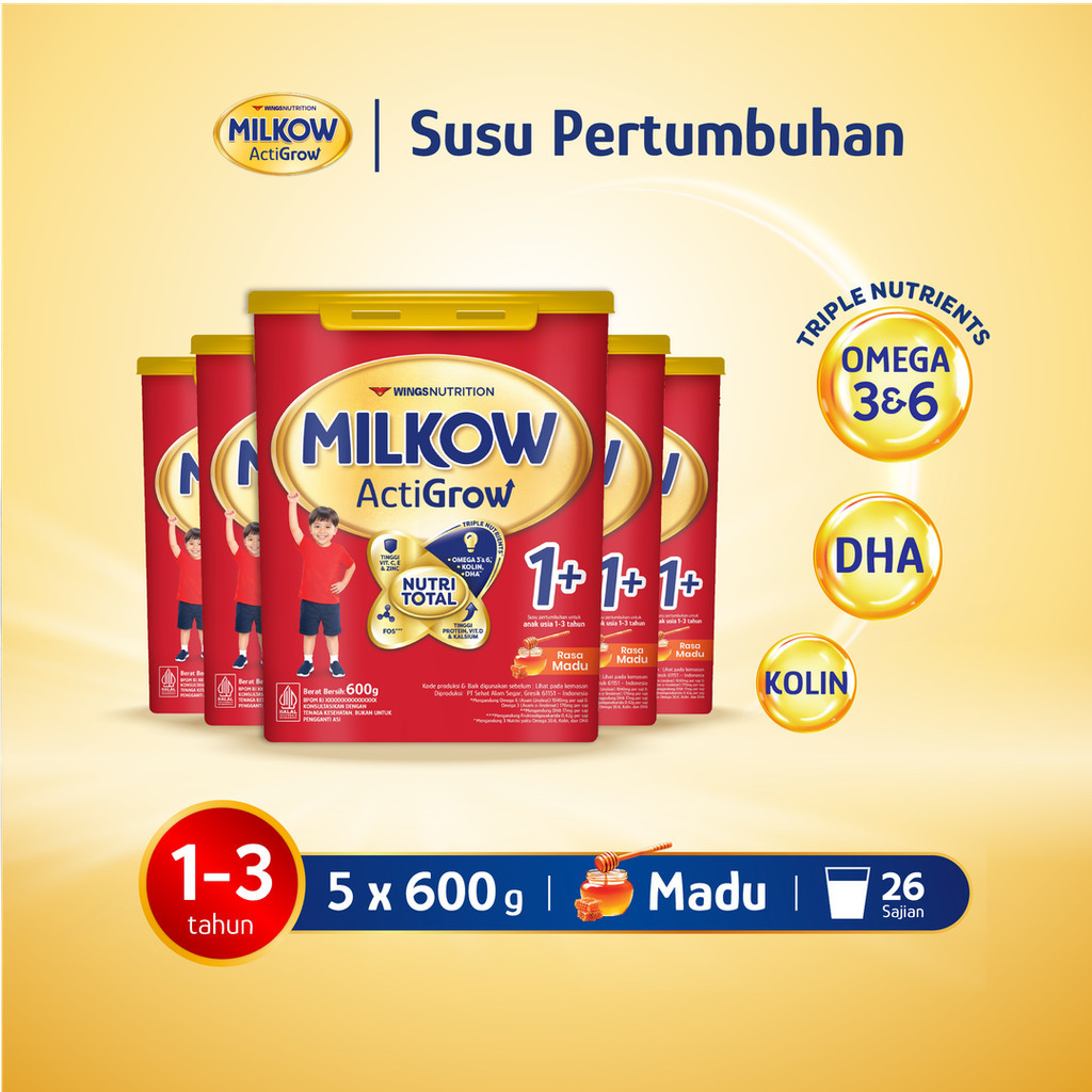 Milkow 1+ Susu Formula Pertumbuhan Anak Untuk Usia 1-3 Tahun Toples Rasa Madu 600 Gr x5