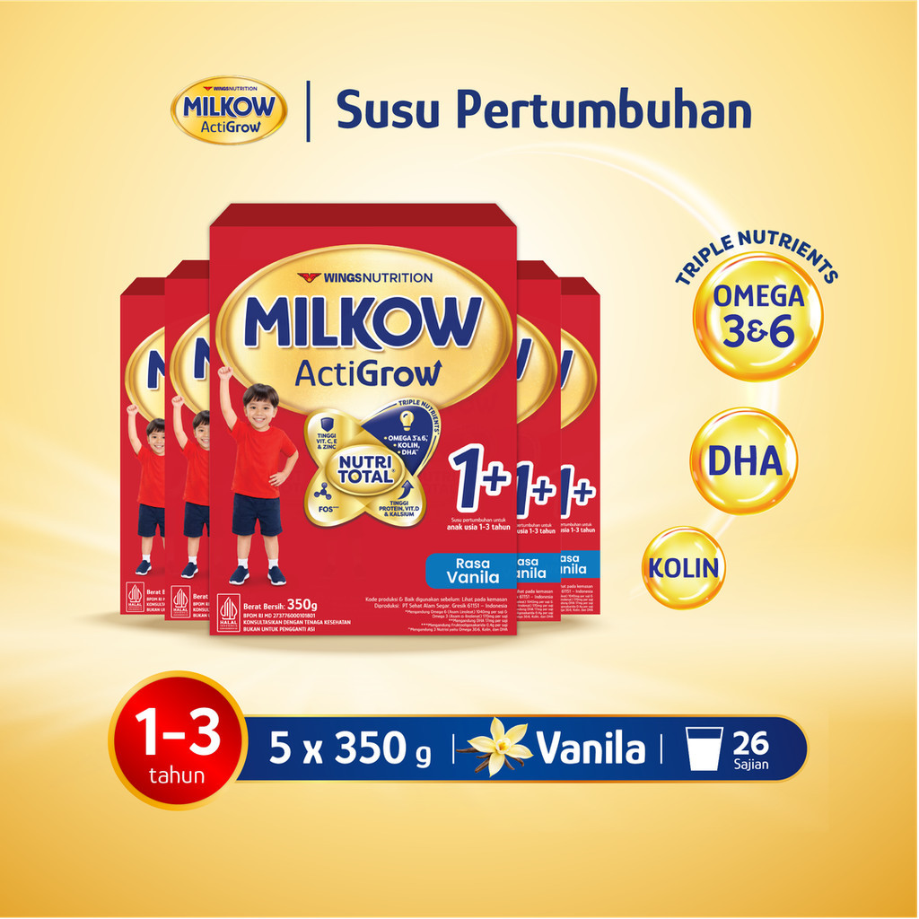 Milkow 1+ Susu Formula Pertumbuhan Anak Untuk Usia 1-3 Tahun Rasa Vanilla 350 Gr x5