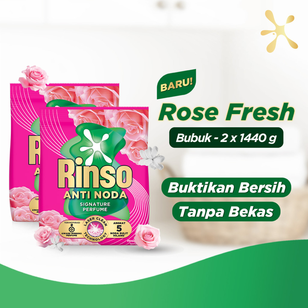 [Lebih Hemat 25%] Rinso Baru Detergen Bubuk Varian Rose Fresh 1440g x2