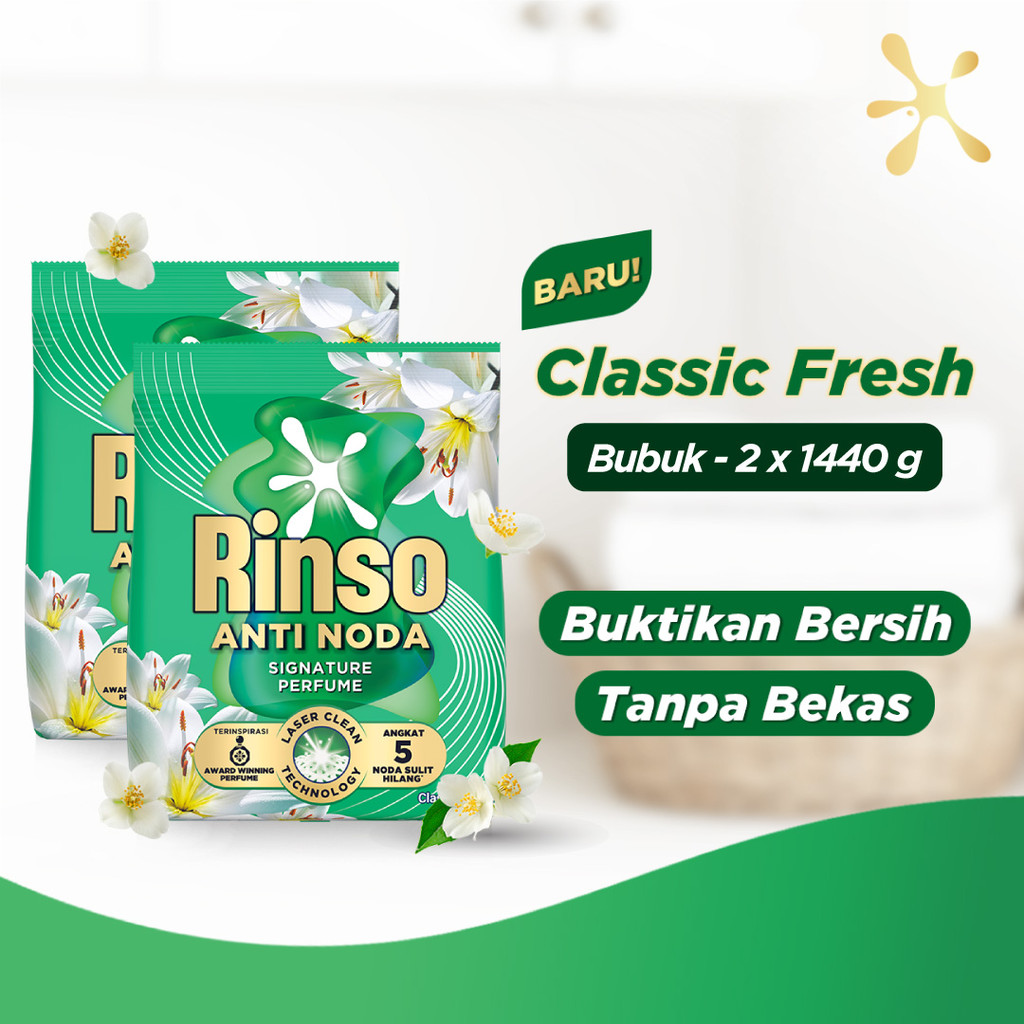 [Lebih Hemat 25%] Rinso Baru Detergen Bubuk Varian Classic Fresh 1440g x2