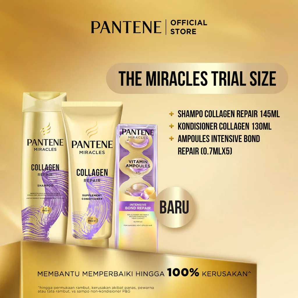 [BUNDLE AMPOULES] PANTENE Shampo Miracles Collagen 145ml + Kondisioner Collagen 130ml + Ampoules Intensive Bond Repair (0.7mlx5) / Melindungi & membantu memperbaiki rambut dari kerusakan.