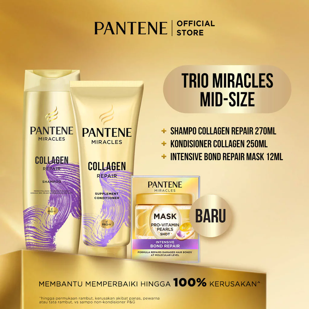 [BUNDLE MASK] PANTENE Shampo Miracles Collagen 270ml + Kondisioner Collagen 250ml + Mini Mask Shot 12mlx1/ Perbaikan Intensif untuk Rambut Rusak dan Kering