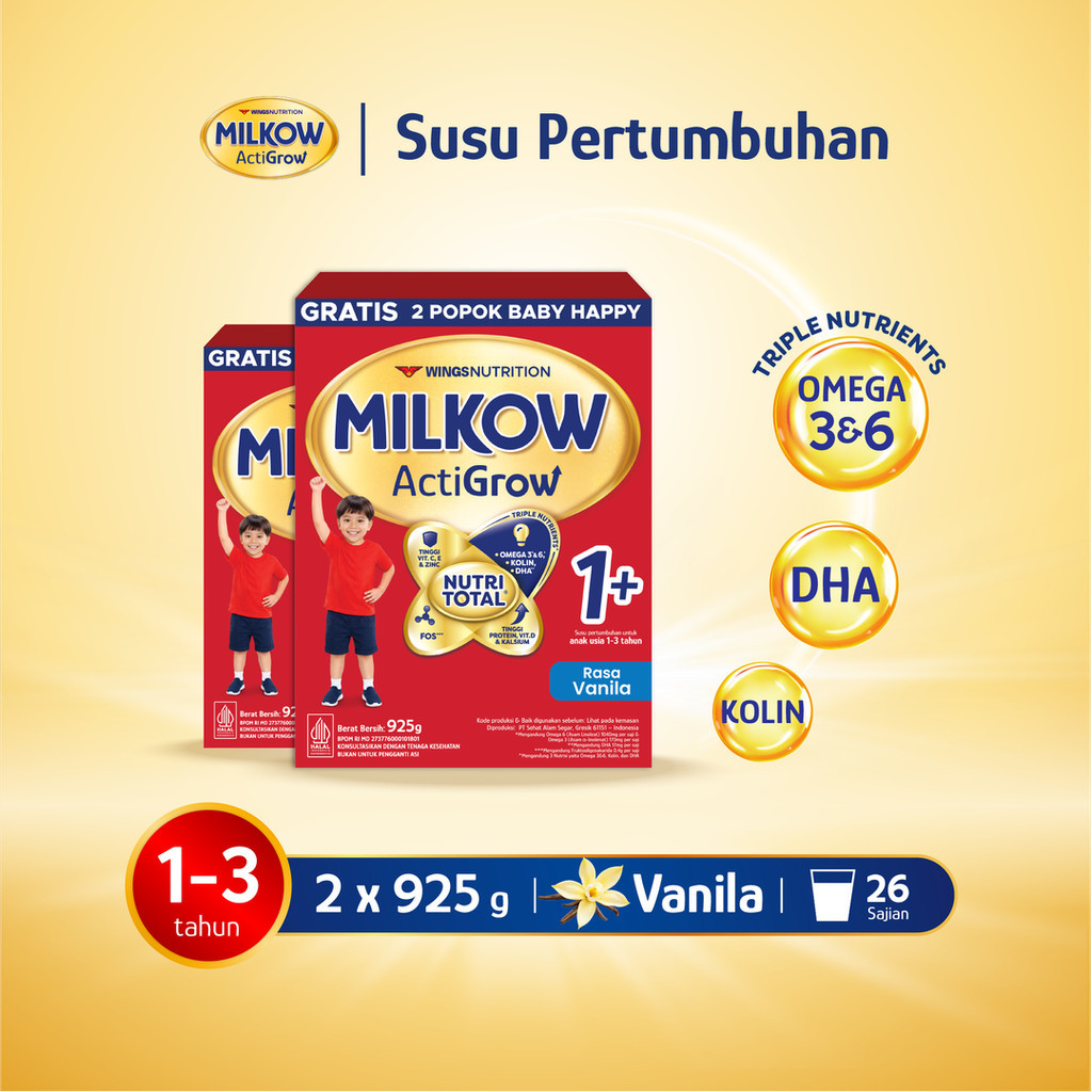 Milkow 1+ Susu Formula Pertumbuhan Anak Untuk Usia 1-3 Tahun Rasa Vanilla 925 Gr x2