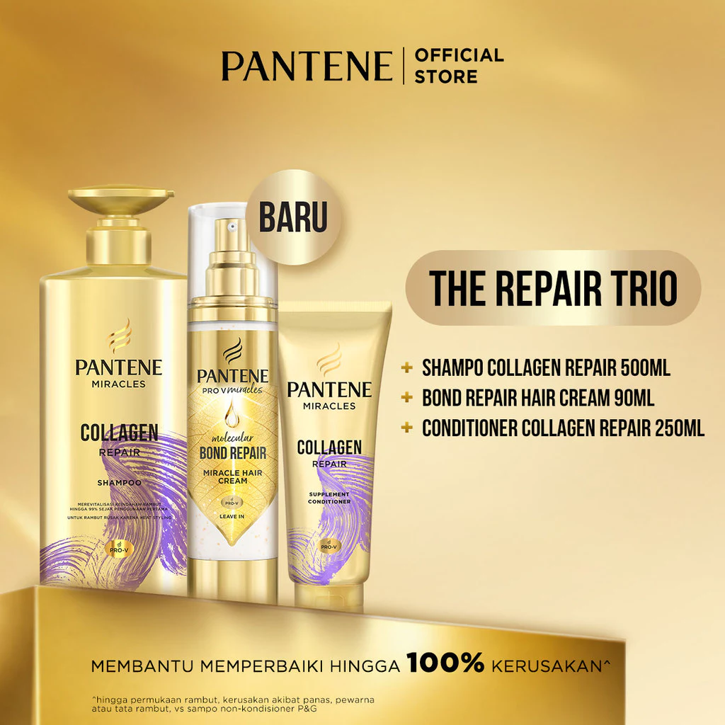 [BUNDLE] PANTENE Miracles Hair Cream Bond Repair 90ml & Shampoo 500ml + Kondisioner 250ml Collagen Repair / Perawatan untuk melindungi dan membantu memperbaiki rambut dari kerusakan.