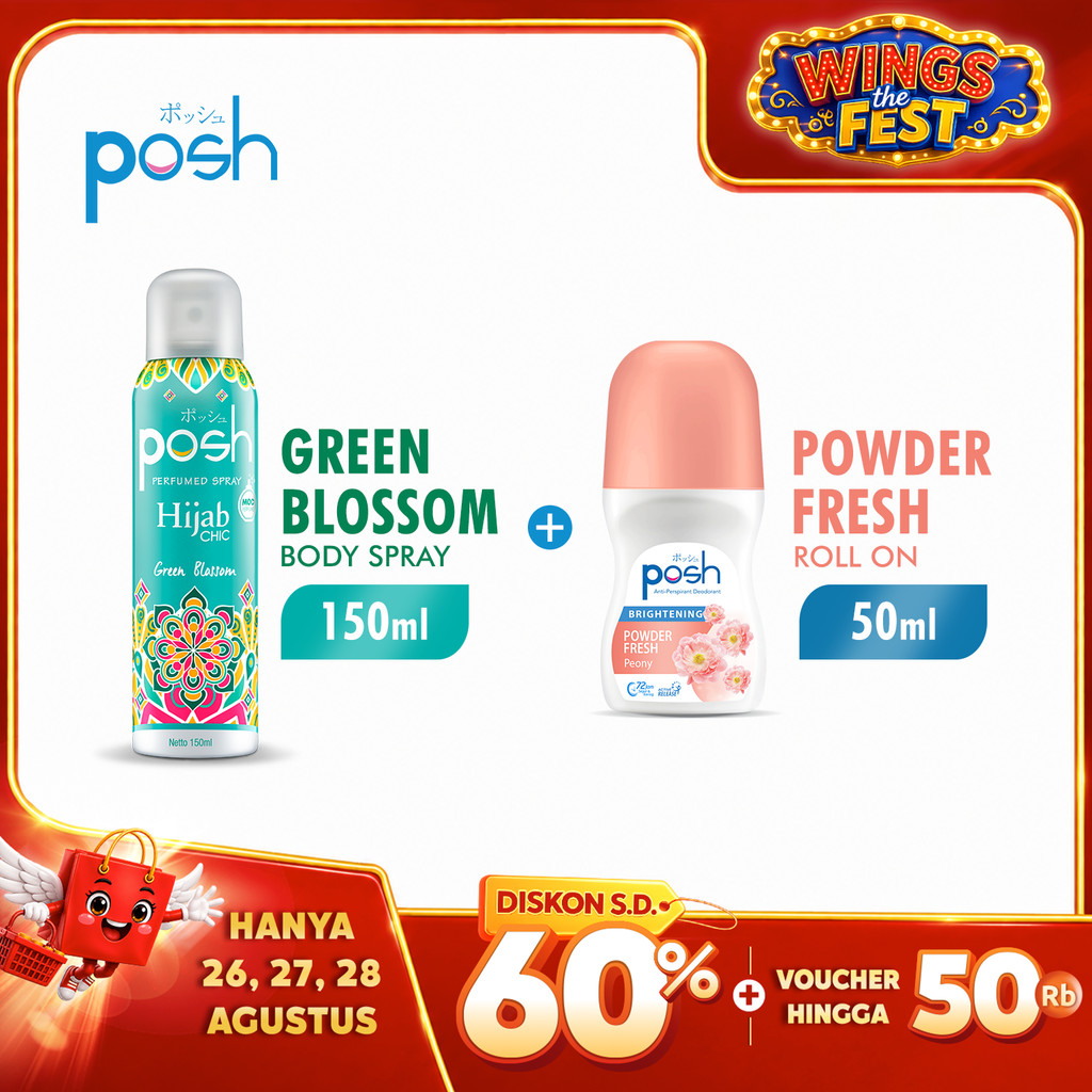 Posh Hijab Spray Cologne Green Blossom Botol 150 ml + Posh Roll On Deodoran Powder Fresh Botol 50 ml