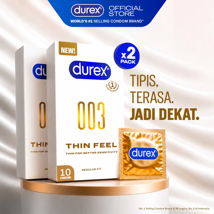 (BARU!) Durex 003 Thin Feel Condom - 10sc (Kondom Tipis Untuk Sensasi Lebih Natural, Dilengkapi Pelumas atau Lubricant Berbahan Silikon & Terbuat Dari Lateks Alami) - Gambar 2