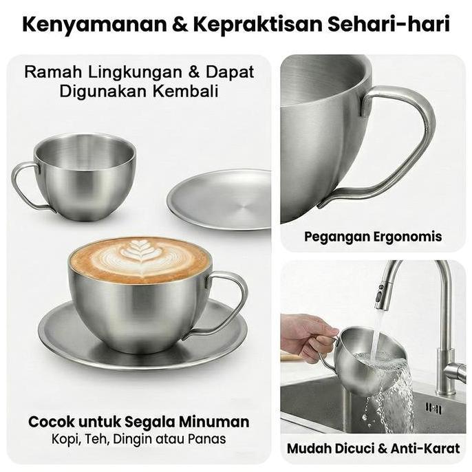 Terbaik Set Cangkir Piring Kopi Milan Stainless Steel Cup Set Coffee Paling keren