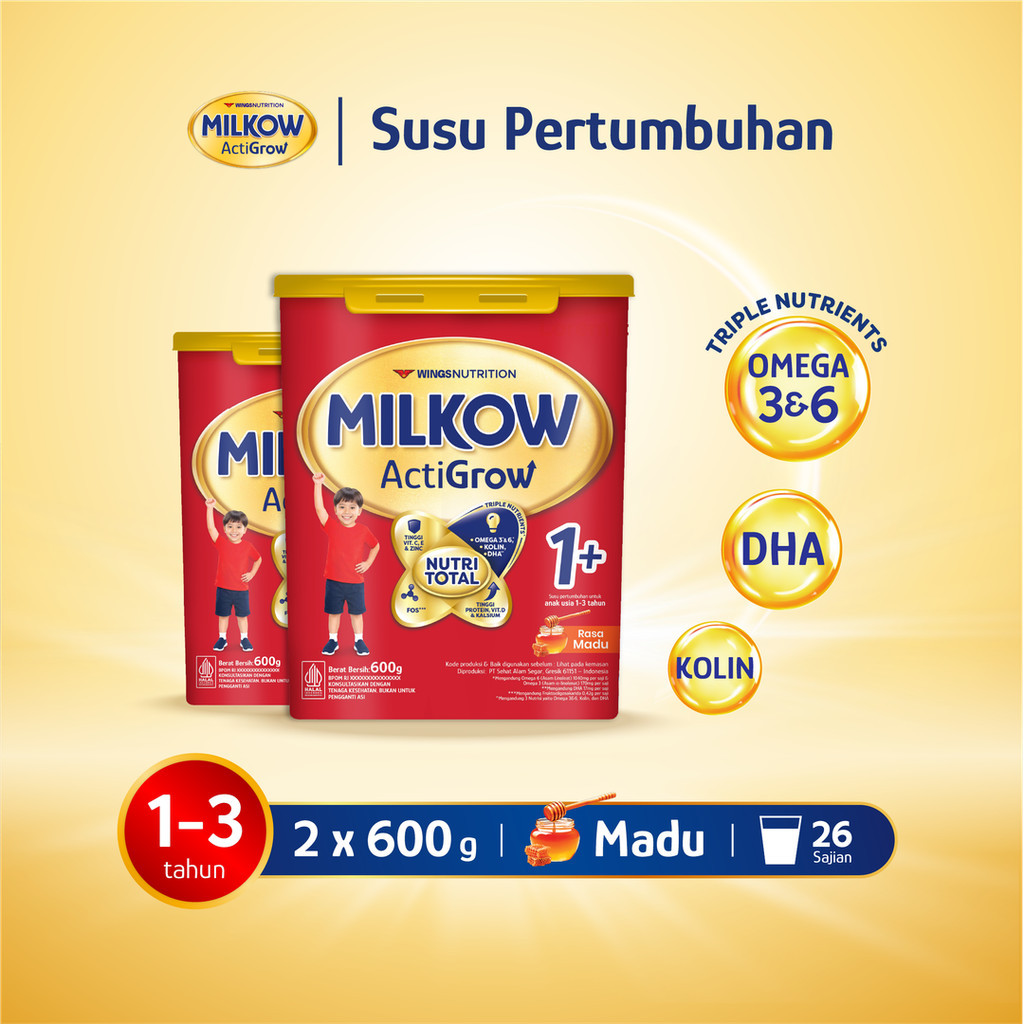 Milkow 1+ Susu Formula Pertumbuhan Anak Untuk Usia 1-3 Tahun Toples Rasa Madu 600 Gr x2