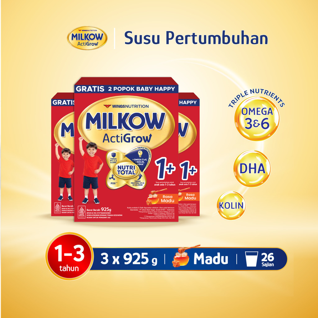 Milkow 1+ Susu Formula Pertumbuhan Anak Untuk Usia 1-3 Tahun Rasa Madu 925 Gr x3