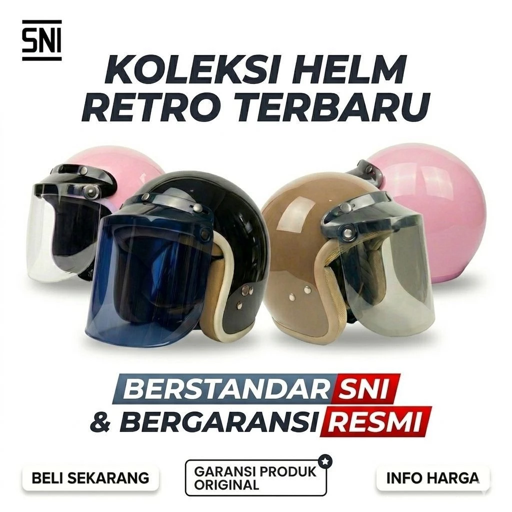 Helm Retro - Helm Bogo Klasik PREMIO LIST WARNA Keren Elegan Half Face KACA DATAR HITAM SNI