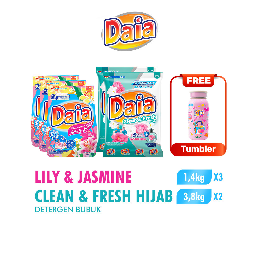 Daia Powder Detergent Lily & Jasmine 1.4 kg x3 + Daia Detergen Bubuk Clean & Fresh Hijab 3,8 kg x2 Free Liunic Tumbler - Gambar 4