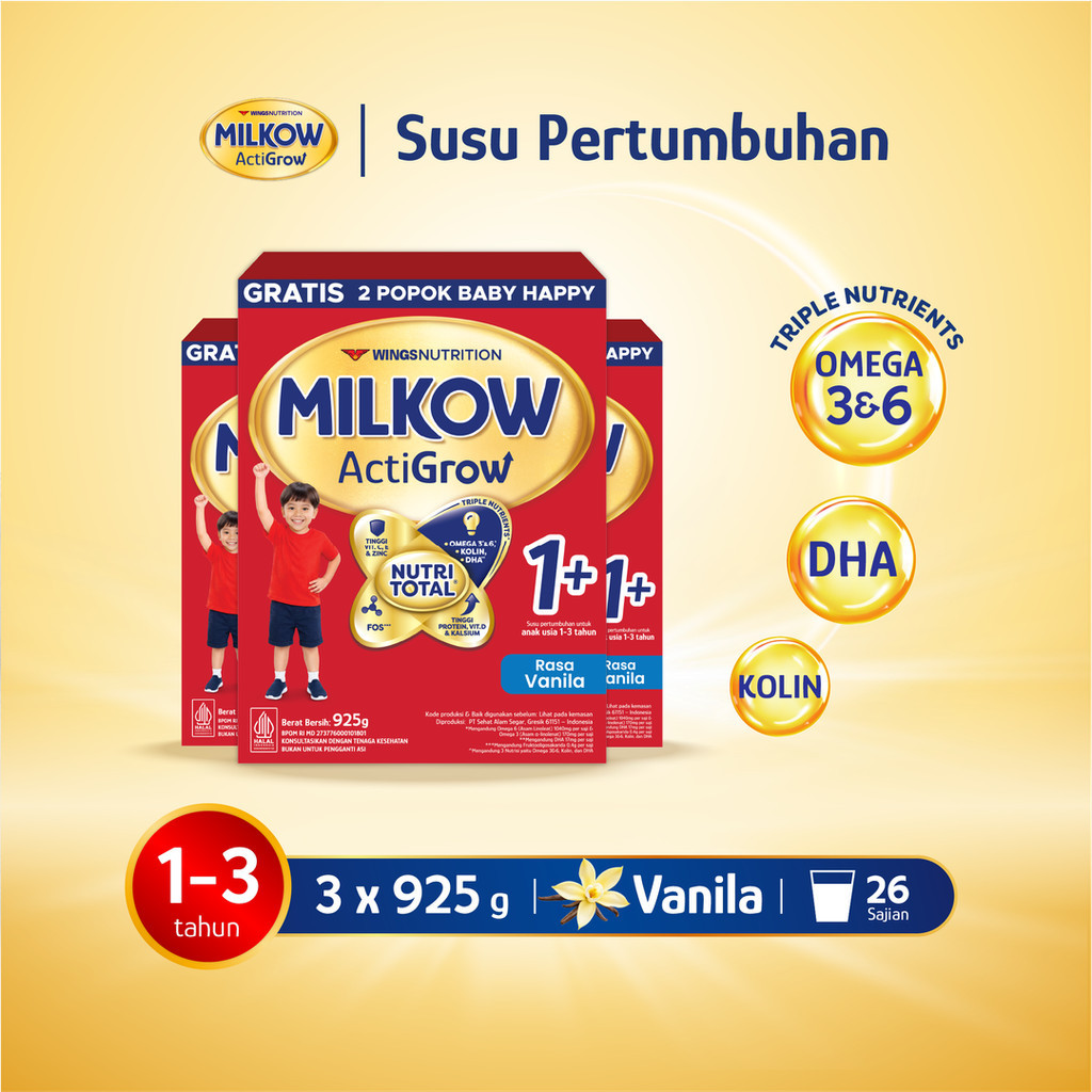 Milkow 1+ Susu Formula Pertumbuhan Anak Untuk Usia 1-3 Tahun Rasa Vanilla 925 Gr x3