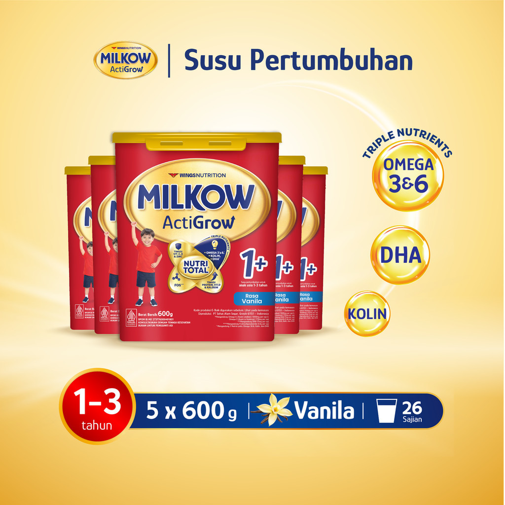 Milkow 1+ Susu Formula Pertumbuhan Anak Untuk Usia 1-3 Tahun Toples Rasa Vanilla 600 Gr x5