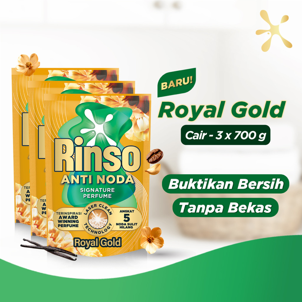 [Extra Isi 35%] Rinso Baru Detergen Cair Varian Royal Gold 700g x3