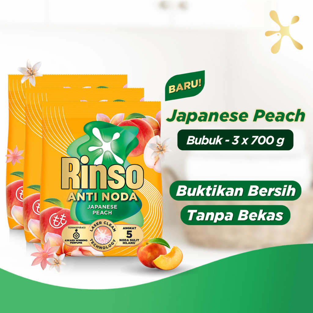 Rinso SensiFresh Detergent Bubuk Deterjen Wangi Segar 48 Jam Japanese Peach 700 GR x3