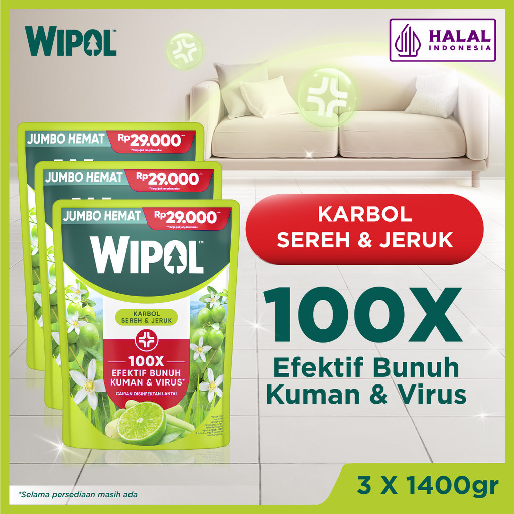 Wipol Karbol Pembersih Lantai Cairan Disinfektan Teruji Dermatologis Karbol Sereh & Jeruk 1400g X3