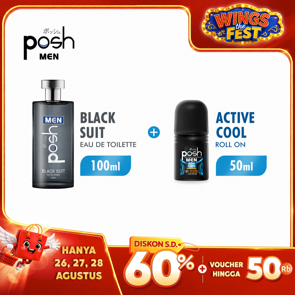 Posh Men Eau de Parfum Black Suit Parfum Pria EDP 100 ml + Posh Men Roll On Deodoran Active Cool 50 ml