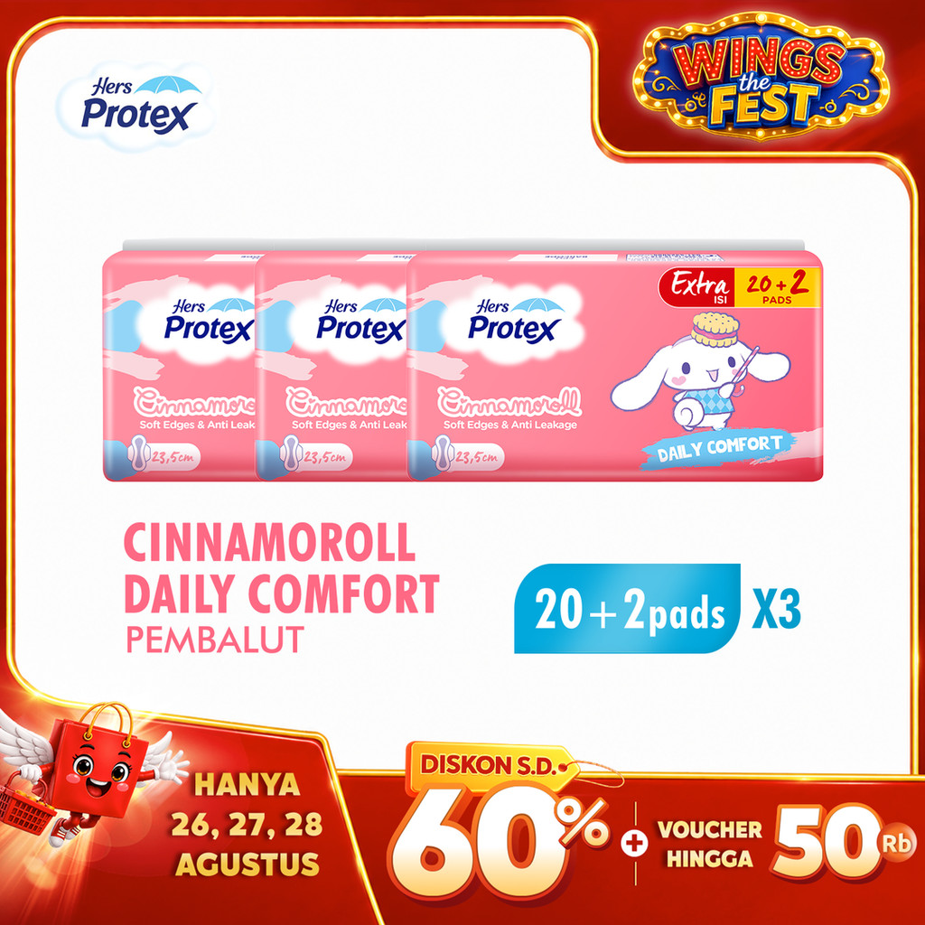 Hers Protex Daily Comfort Day Pembalut Wanita Cinnamoroll Bag Isi 20 + 2 Pcs x3