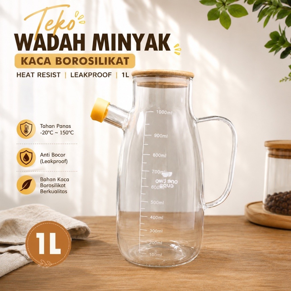 One Two Cups Teko Wadah Minyak Kaca Borosilikat 1L