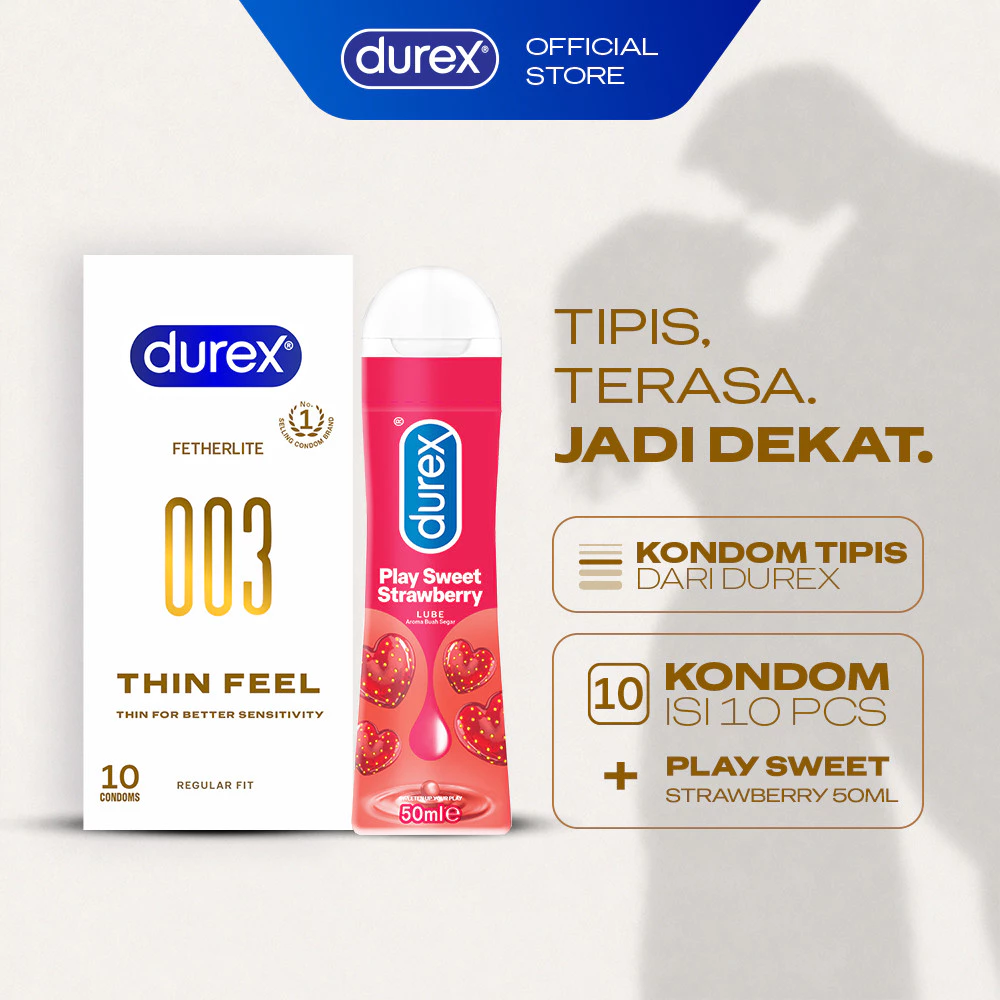 (BARU!) Durex 003 Thin Feel Condom - 10sc & Durex Strawberry Pelumas 50ml Bottle (Bundle Kondom Tipis Untuk Sensasi Lebih Natural Dilengkapi Pelumas & Lubricant Water Based)