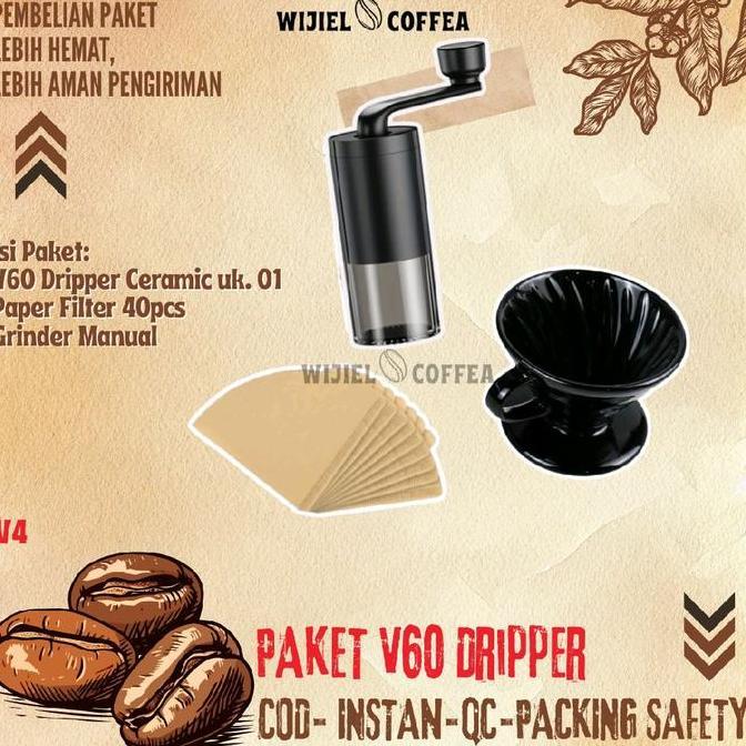 Terbaik SET V60 DRIPPER COFFEE CERAMIC - PAKET ALAT KOPI MURAH LENGKAP - V60 - GRINDER KOPI MANUAL - SERVER KOPI - KERTAS SARINGAN KOPI V60 - TEKO KOPI LEHER ANGSA - PAKET ALAT KOPI WIJIEL COFFEA Paling keren