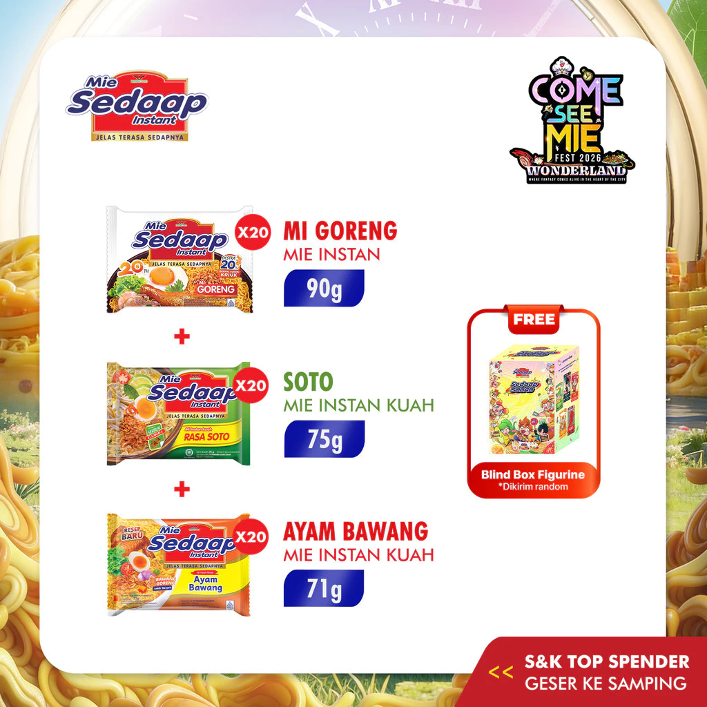 [Special Come See Mie] Sedaap Mie Instan Goreng Bag 90 gr x20 pcs + Soto x20 pcs + Ayam Bawang x20 pcs Free Blind Box
