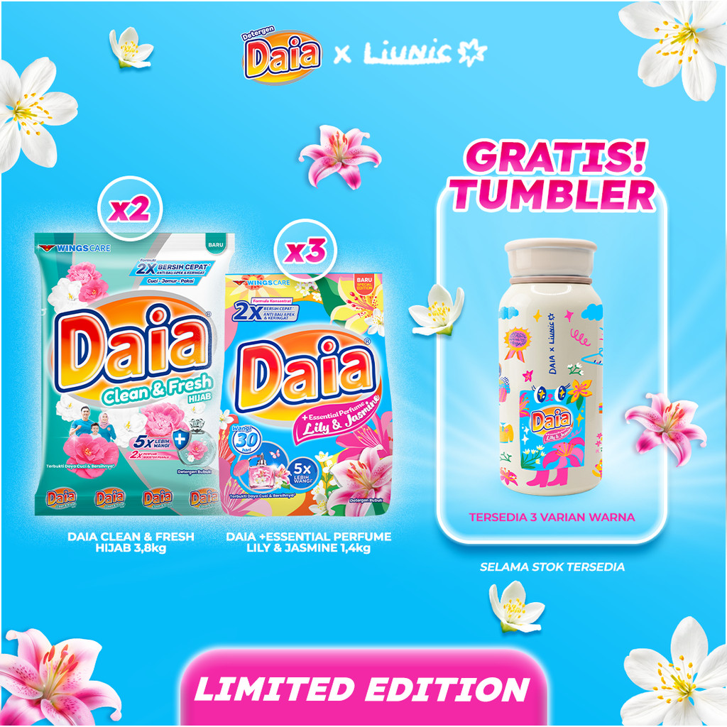 Daia Powder Detergent Lily & Jasmine 1.4 kg x3 + Daia Detergen Bubuk Clean & Fresh Hijab 3,8 kg x2 Free Liunic Tumbler