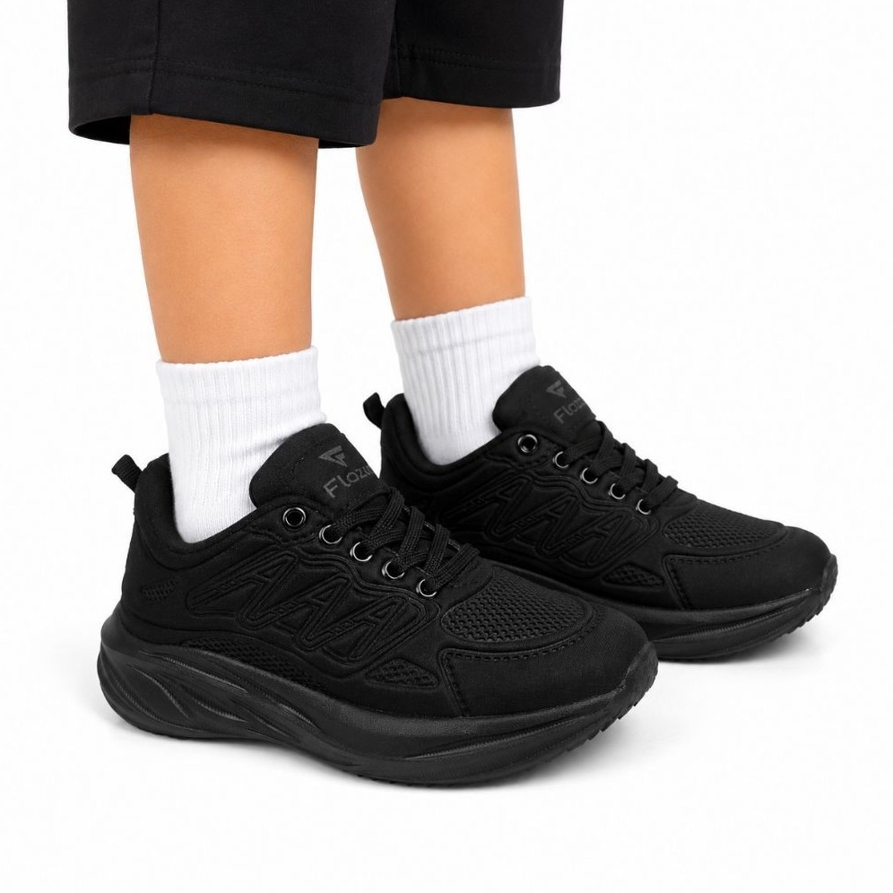 Flazo Sepatu Anak Anak Laki Laki Dan Prempuan Sepatu Sekolah Hitam Dan Hitam Putih Tali Sol Ringan Anti Slip - Gambar 2