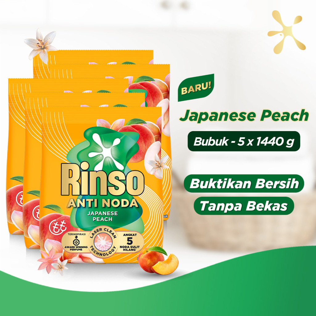 Rinso SensiFresh Detergent Bubuk Deterjen Wangi Segar 48 Jam Japanese Peach 1.440 KG x5