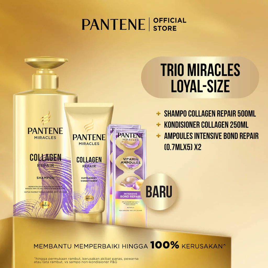[BUNDLE AMPOULES] PANTENE Shampo Miracles Collagen 500ml + Kondisioner Collagen 250ml + Ampoules Intensive Bond Repair (0.7mlx5)x2 / Melindungi & membantu memperbaiki rambut dari kerusakan.