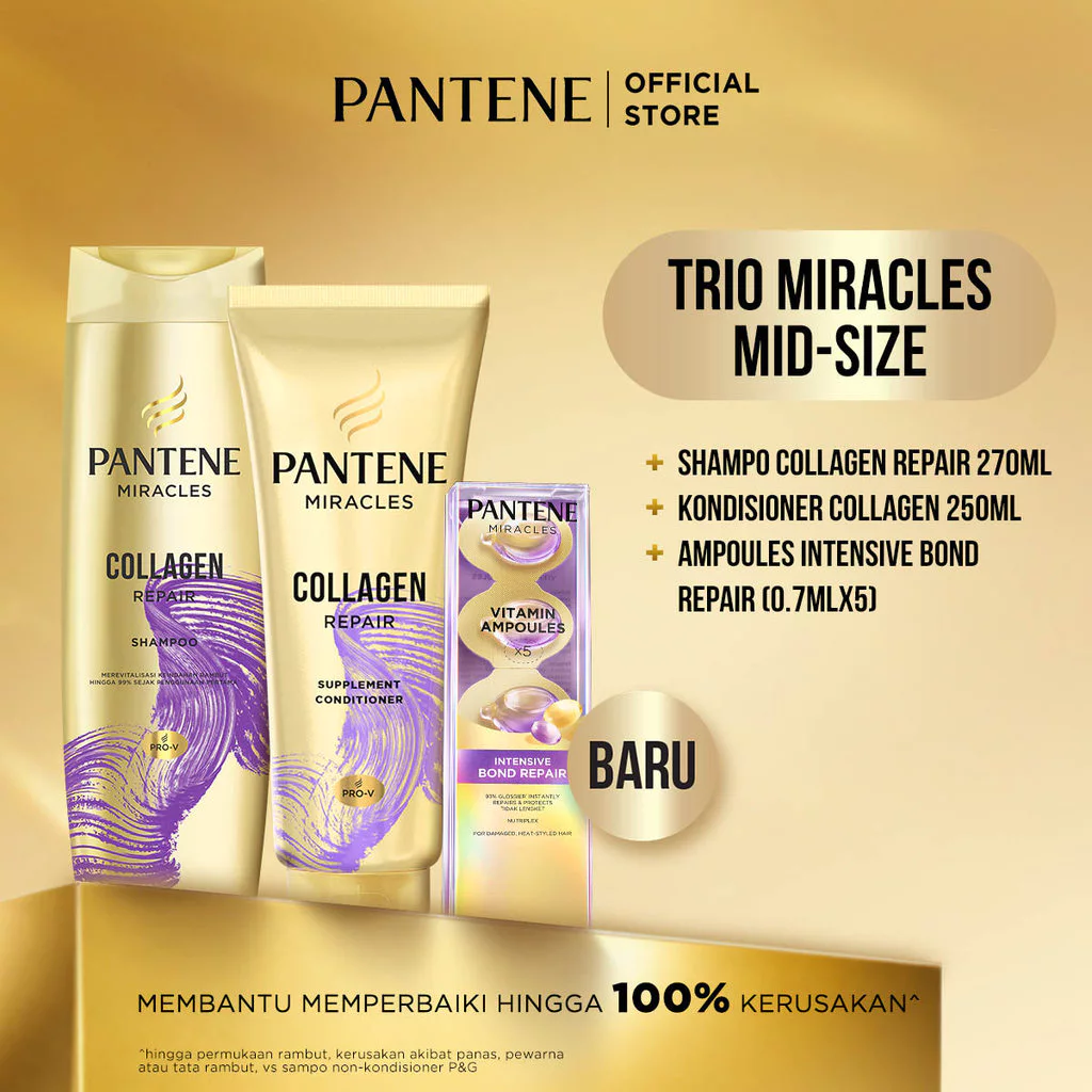 [BUNDLE AMPOULES] PANTENE Shampo Miracles Collagen 270ml + Kondisioner Collagen 250ml + Ampoules Intensive Bond Repair (0.7mlx5) / Melindungi & membantu memperbaiki rambut dari kerusakan.