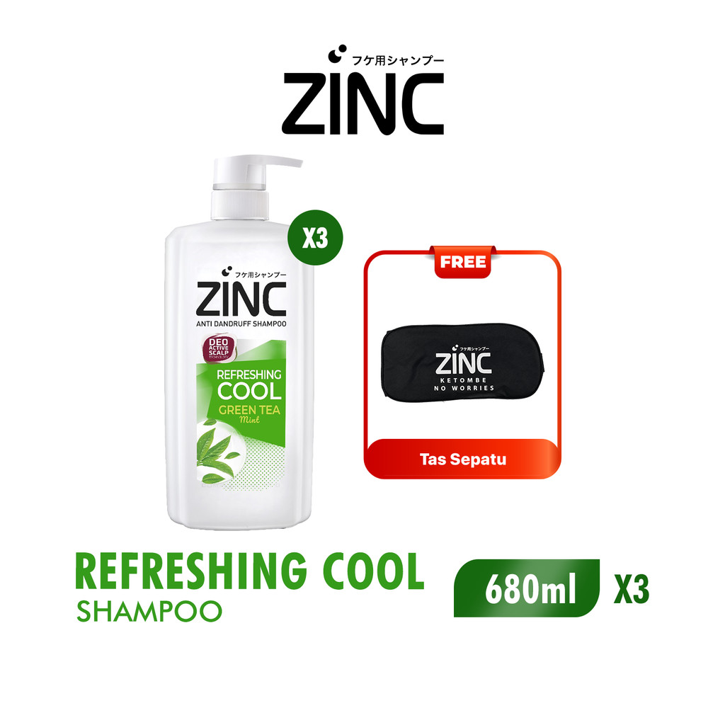 Zinc Shampoo Refreshing Cool Botol 680 ml x3 Free Tas Sepatu
