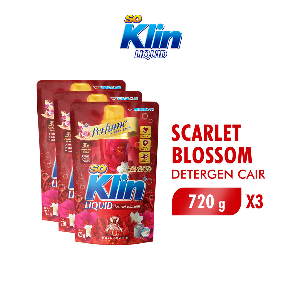 Soklin Deterjen Cair Perfume Merah Scarlet Blossom Pouch 700 gr x3