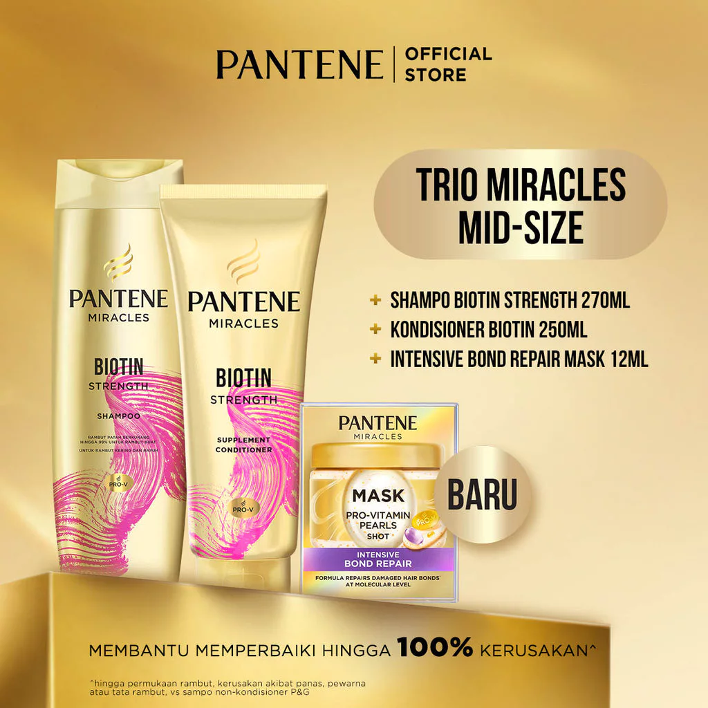 [BUNDLE MASK] PANTENE Shampo Miracles Biotin 270ml + Kondisioner Biotin 250ml + Mini Mask Shot 12mlx1/ Perbaikan Intensif untuk Rambut Rusak dan Kering