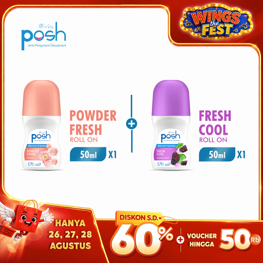 Posh Roll On Deodoran Powder Fresh Botol 50 ml + Posh Roll On Deodoran Fresh Cool Botol 50 ml