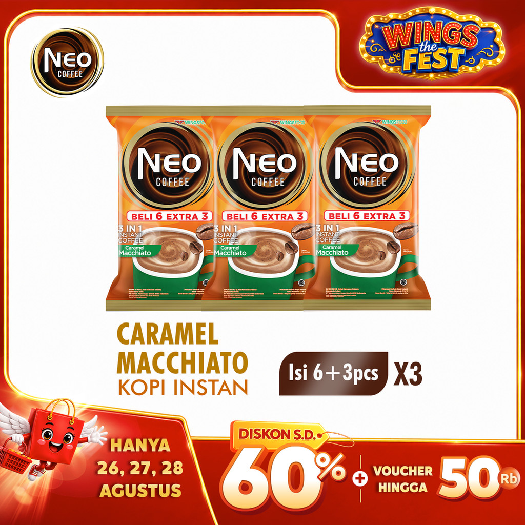 Neo Coffee Kopi Instan Caramel Macchiato Pack 20 gr isi 6 + 3 pcs x3