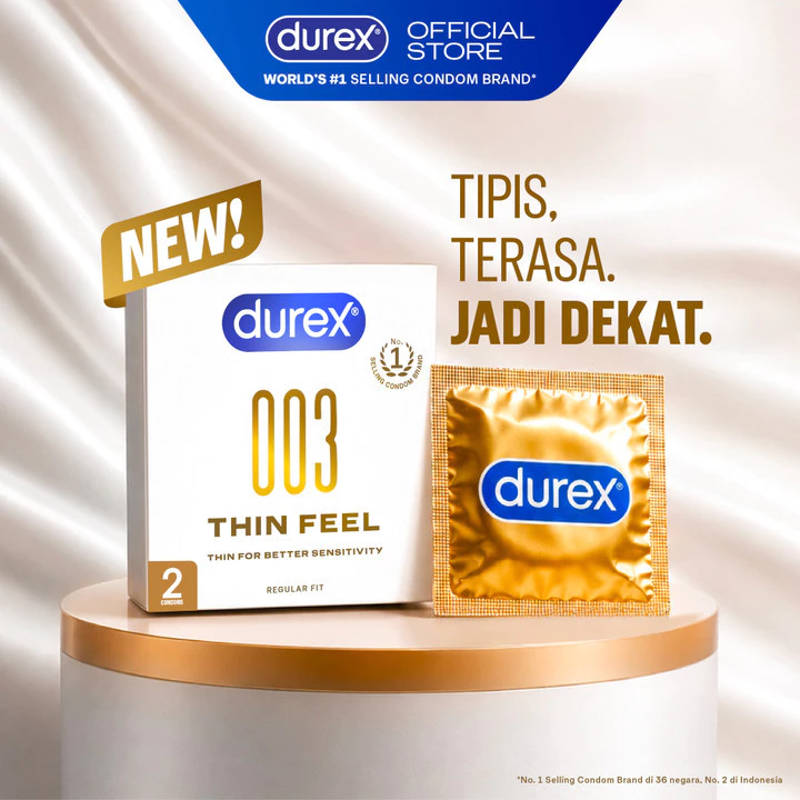 (BARU!) Durex 003 Thin Feel Condom - 2sc (Kondom Tipis Untuk Sensasi Lebih Natural, Dilengkapi Pelumas atau Lubricant Berbahan Silikon & Terbuat Dari Lateks Alami)