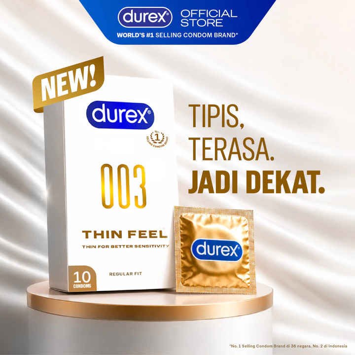 (BARU!) Durex 003 Thin Feel Condom - 10sc (Kondom Tipis Untuk Sensasi Lebih Natural, Dilengkapi Pelumas atau Lubricant Berbahan Silikon & Terbuat Dari Lateks Alami)