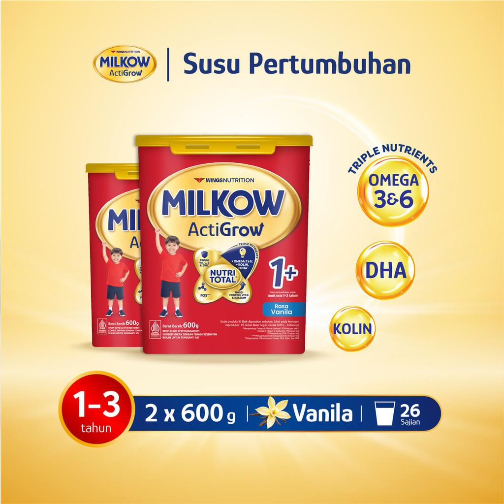 Milkow 1+ Susu Formula Pertumbuhan Anak Untuk Usia 1-3 Tahun Toples Rasa Vanilla 600 Gr x2